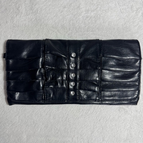 Handbags - Black Leather Clutch with Rhinestone Accents
